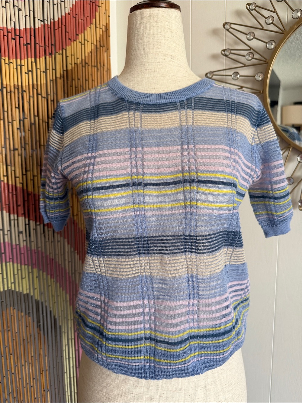 Zara Striped Short-Sleeve Crewneck Sweater - Blue, Pink, Cream, Yellow
